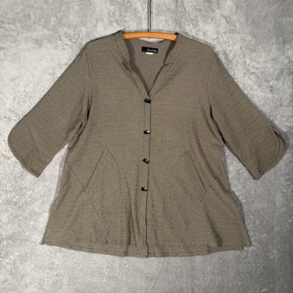 Vintage Moonlight Fashion Lagenlook Button Up Blouse Size L XL Brown Houndstooth